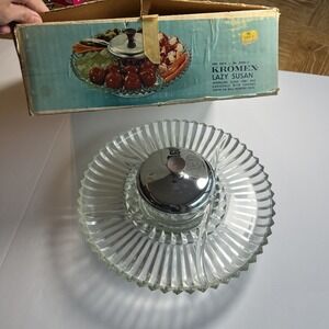 New Vintage Kromex 3098-21 Glass Lazy Susan Vogue Giftware w/Original Box NOS